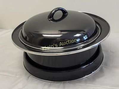 black enameled roasting pan w/serving cradle enamelware 4 1/2" tall x 12" widest point looks 