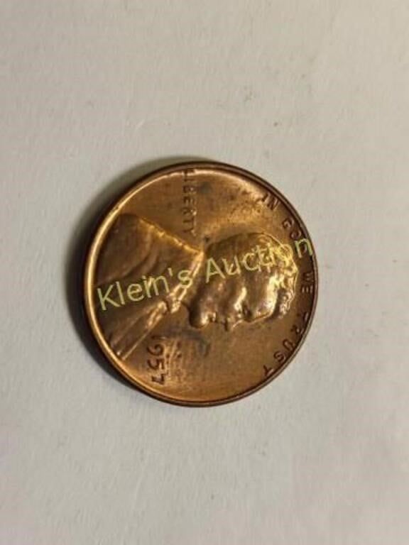 Lot 5416 – 1957 wheat cent au-bu red! lincoln cent coin