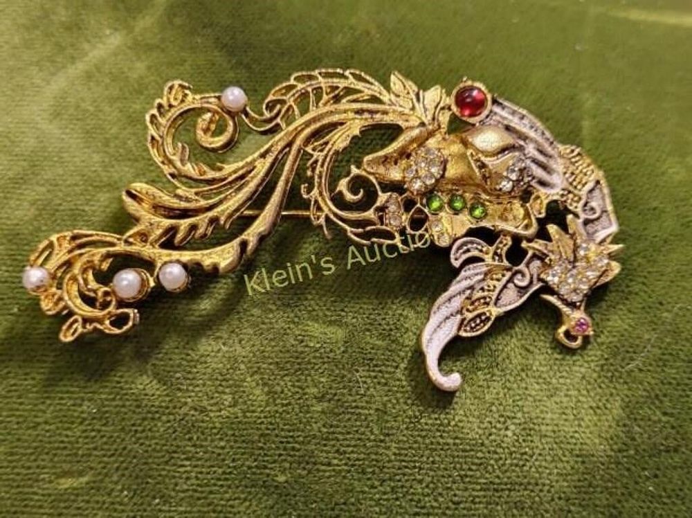 Lot 5437 – vtg Asian jeweled brooch dragon phoenix