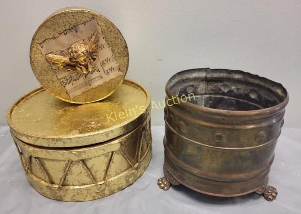 Lot 5485 – antique brass/copper planter & deco round boxes