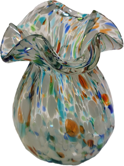 Lot 6109 – vtg murano confetti ruffled glass vase 4 1/2″