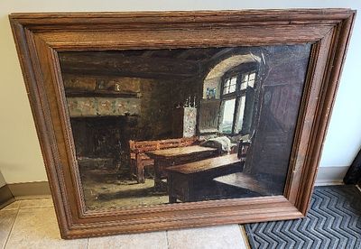 Henry Mosler 1841-1920 Oil on Canvas Farmhouse Interior. Original work signed lower left and 