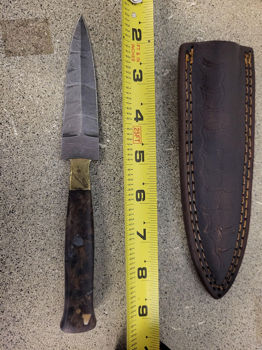 Lot 6352 – hand forged Damascus steel spear point knife w/.sheath