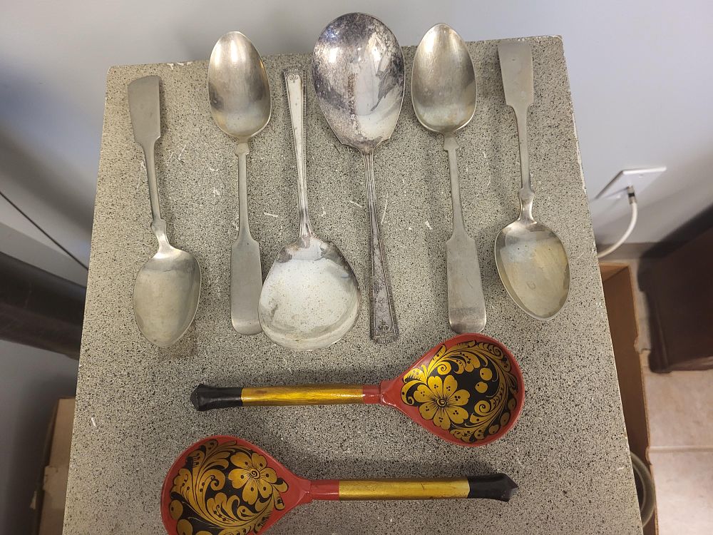 Lot 6358 – lot of 8 spoons KHokhloma wooden & Epns, & German silver