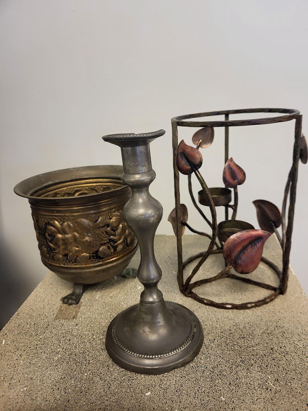Lot 6369 – brass footed planter, metal candle holder, candle 3 x bid