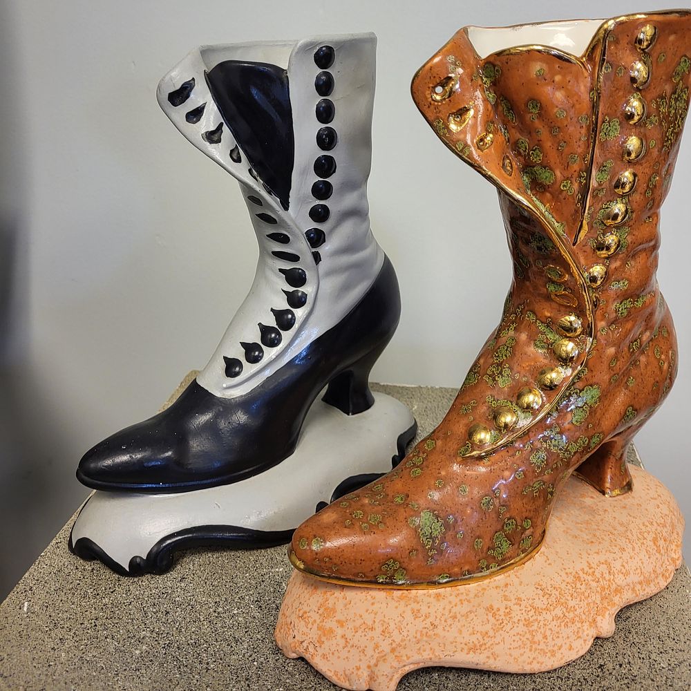 Lot 6379 – ceramic Victorian style high top boot vases 2xbid
