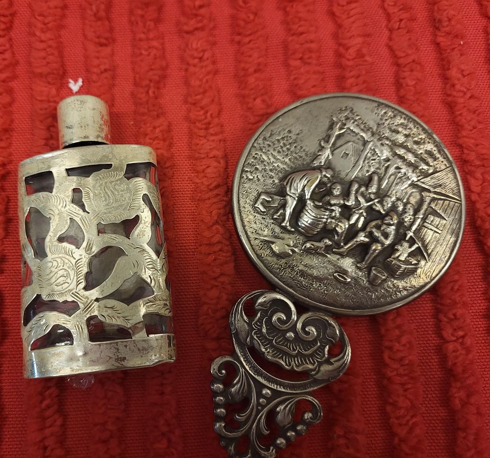 Lot 6731 – D.F LHM sterling silver glass bottle & Denmark silver plate mirror 2 x bid