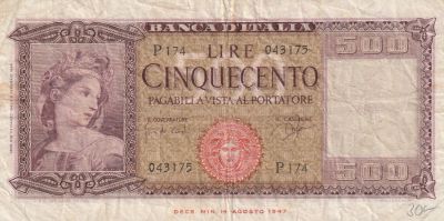 Italy 500 Lire 1961, Pick#80b, F/VF