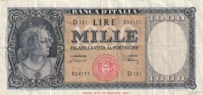 Italy 1000 Lire 1948, Pick#88a, VF