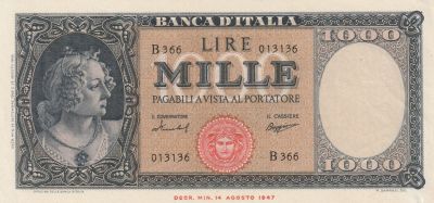 Italy 1000 Lire 1959, Pick#88c, AU