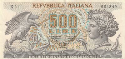 Italy 500 Lire 1970, Pick#93a, XF