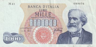 Italy 1000 Lire 1966, Pick#96d, VF/XF