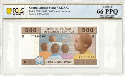 Central African States 500 Francs 2002 P-206U PCGS 66 PPQ
. PCGS 66 PPQ