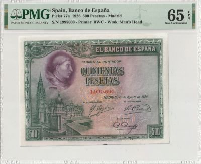 Spain 500 Pesetas 1928 Pick#77a PMG 65 EPQ
. Pick#77a