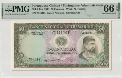 Portuguese Guinea 50 Escudos 1971, Pick#44a, PMG 66 EPQ
. Pick#44a