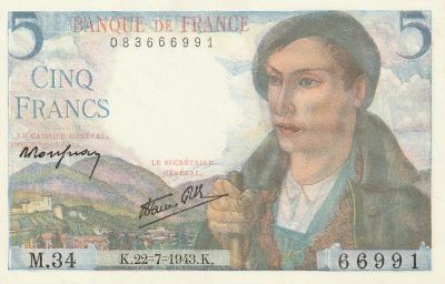 France 5 Francs 1943, Pick#98a, UNC
. 22.07.1943, Pyrenean Shepherd &amp; Woman and Flowers