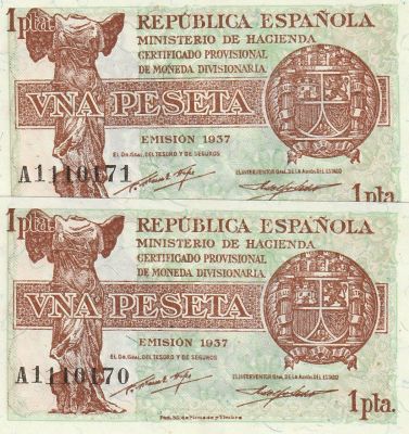 Spain 1 Peseta 1937 2 Consecutive banknotes Pick#94 UNC
. 2 Consecutive banknotes Pick#94