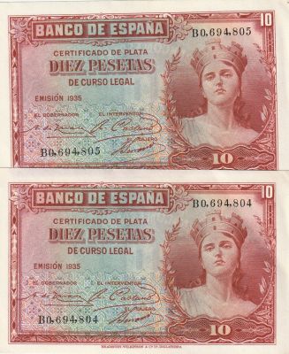 Spain 10 Pesetas 1935 2 Consecutive banknotes Pick#86 UNC
. 2 Consecutive banknotes Pick#86