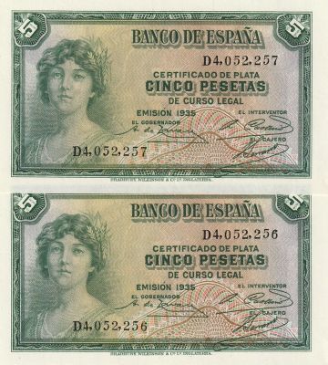 Spain 5 Pesetas 1935 2 Consecutive banknotes Pick#146 UNC
. 2 Consecutive banknotes Pick#146 UNC