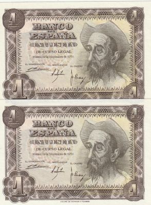 Spain 1 Peseta 1951 2 Consecutive banknotes Pick#139 UNC
. Consecutive banknotes Pick#139 UNC
