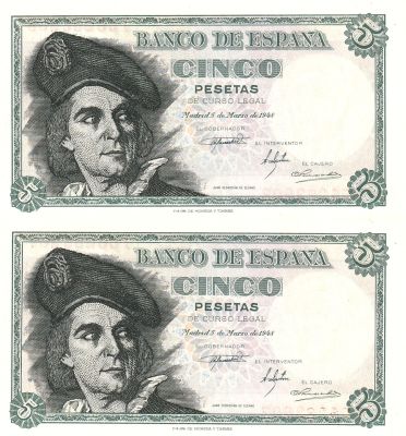 Spain 5 Pesetas 1948 2 Consecutive banknotes Pick#136 UNC
. 2 Consecutive banknotes Pick#136 UNC