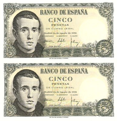 Spain 5 Pesetas 1951 2 Consecutive banknotes Pick#139 UNC
. 2 Consecutive banknotes Pick#139 UNC