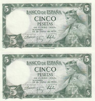 Spain 5 Pesetas 1954 2 Consecutive banknotes Pick#146 UNC
. 2 Consecutive banknotes Pick#146 UNC