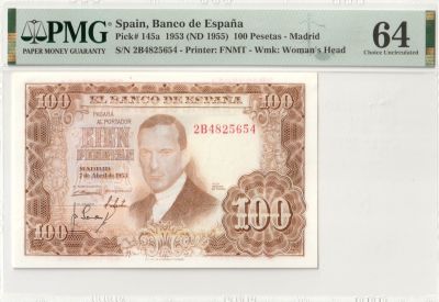 Spain 100 Pesetas 1953 Pick#145a PMG 64
. Pick#145a PMG 64
