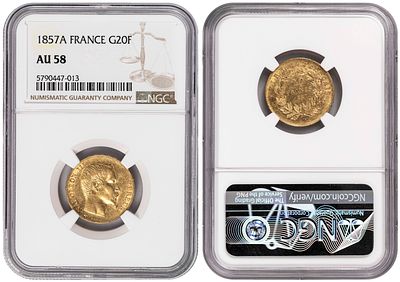 France 20 Francs 1857 A. NGC AU 58. KM-781.1, F# 531, N# 3390; Ruler: Napoleon III; Mint A - 