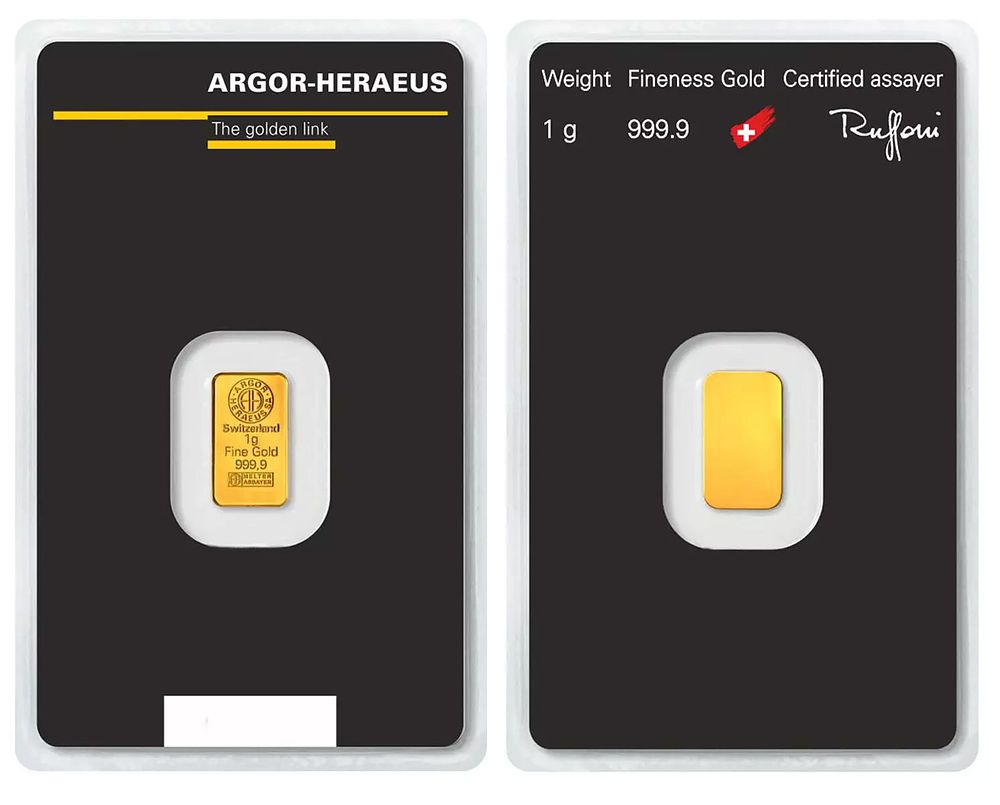 Gold Bar 1 gram - Argor-Heraeus. Pure Gold (.9999) in Assay; Swiss