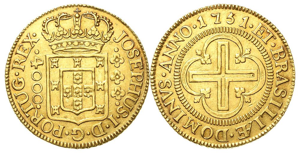 Brazil 4000 Reis 1751. KM-171.2, Prober O-428, Friedberg-73; King Joseph I (1750-1777); Gold 
