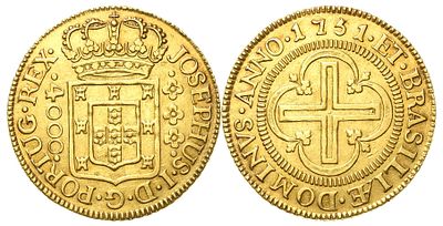 Brazil 4000 Reis 1751. KM-171.2, Prober O-428, Friedberg-73; King Joseph I (1750-1777); Gold 