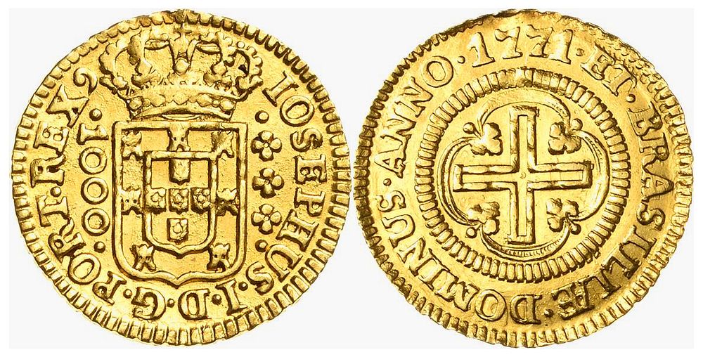 Brazil 1000 Reis 1771. KM-162.2, Prober O-652, Friedberg-75; King Joseph I (1750-1777); Gold 