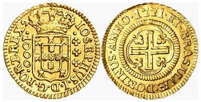 Brazil 1000 Reis 1771. KM-162.2, Prober O-652, Friedberg-75; King Joseph I (1750-1777); Gold 