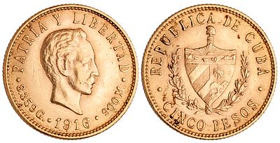 Cuba 5 Pesos 1916. KM-19, JMA-105, Y-13, Fr-4; Gold (.900), 8,37 g.; 21 mm; Jose Marti; XF