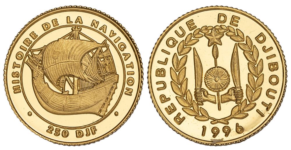 Djibouti 250 Francs 1996. KM-36; Gold (.999); 1.24 g.; Proof