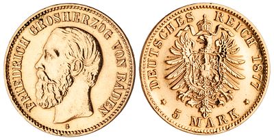German States Baden 5 Mark 1877 G. Rare. KM-266, J-185, Fr-3759; Ruling Frederick I (1856-1907); 