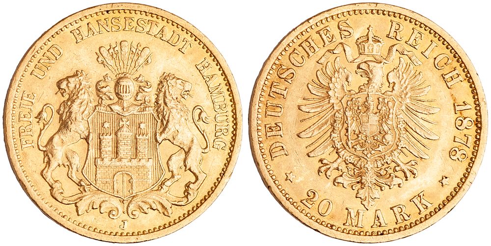 German States Hamburg 20 Mark 1878 J. KM-602, J-210, Fr-3776; Free Hanseatic City (1324-1922); 