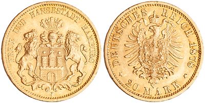 German States Hamburg 20 Mark 1878 J. KM-602, J-210, Fr-3776; Free Hanseatic City (1324-1922); 
