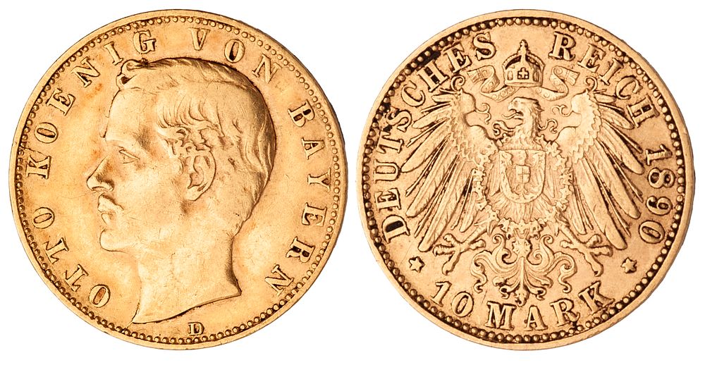 German States Bavaria 10 Mark 1890 D. KM-911, J-199, Fr-3770; King Otto (1886-1913); Gold (.900) 