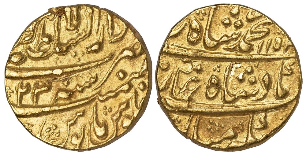 India Mohur 1741 / AH 115x year 23. R1. KM-438.15; Emperor: Muhammad Shah (1719-1748); Gold 