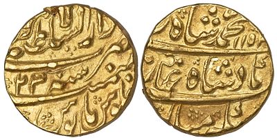 India Mohur 1741 / AH 115x year 23. R1. KM-438.15; Emperor: Muhammad Shah (1719-1748); Gold 