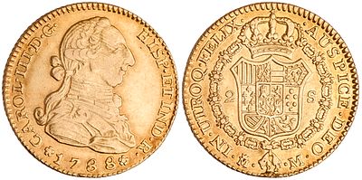 Spain 2 Escudos 1788 MM. KM-417.1a, Cal-459; King Charles III (1759-1788); Gold (.875), 23 mm; 