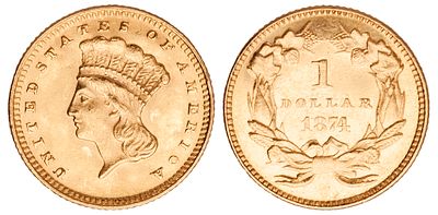 USA 1 Dollar 1874. KM-86, Fr-94; Gold (.900), 1,67 g.; 15 mm; Mintage: 198.800; Large Indian 