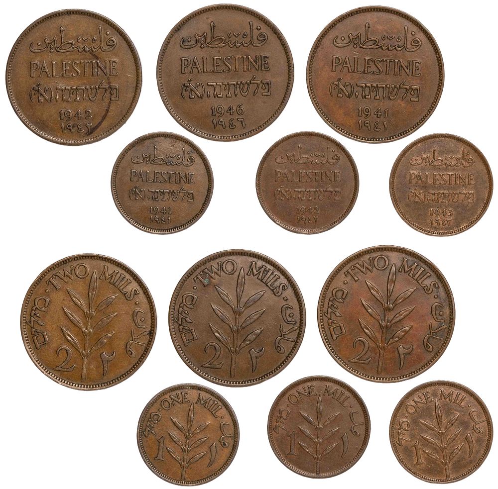 Palestine 1 Mil 1941, 1942, 1943, 2 Mils 1941, 1942, 1946. 6 pcs. KM-1; Bronze, 3.2 g, 21 mm; 