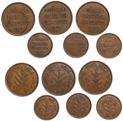 Palestine 1 Mil 1941, 1942, 1943, 2 Mils 1941, 1942, 1946. 6 pcs. KM-1; Bronze, 3.2 g, 21 mm; 