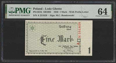 Poland Lodz Ghetto 1 Mark 1940. PMG 64. PO-561b, SB1002; S/N A 251828; With Prefix Letter; Sign. 
