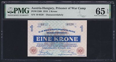Austria-Hungary POW Camp Dunaszerdahely 1 Krone 1916. PMG 65 EPQ. POW-1360; S/N 10 0520; 
