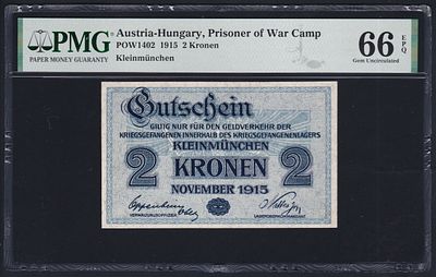 Austria-Hungary POW Camp Kleinmunchen 2 Kronen 1915. PMG 66 EPQ. POW-1402; Prisoner of War Camp; 