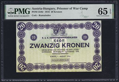 Hungary POW Camp Csot 20 Korona 1916. PMG 65 EPQ. POW-1348r; Ramainder; Erasure; Prisoner of War 